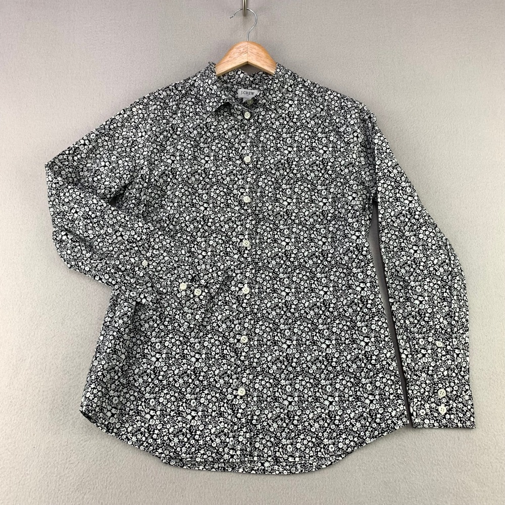 J.Crew Button Up Shirt Womens Small Black White Floral Cotton Long Sleeve Top